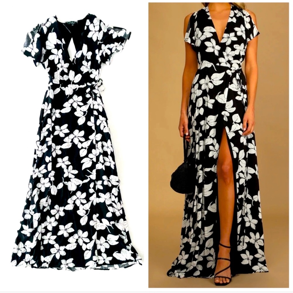 Lulus Azalea Regalia Black Floral Print Wrap Maxi Dress XS